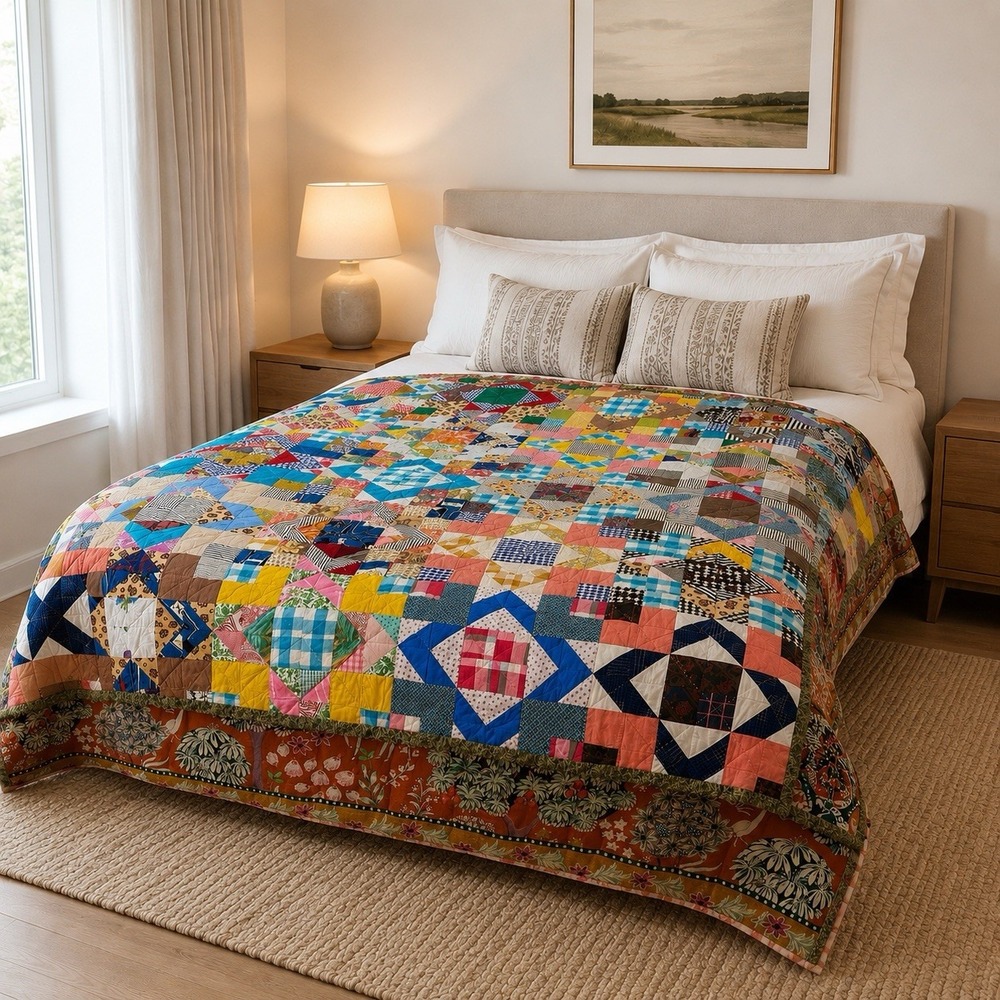 Vintage All Hand Stitched Quilt 72x68" Multicolor Squares Cotton Cottage Cabin
